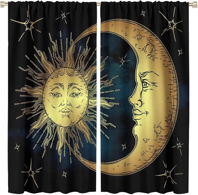 Sun Moon Blackout Windows Curtains, Boho Chic Art Golden Sun Moon and Stars Over Blue Black Sky Antique Style Curtains, for Living Room Bedroom 42x45in 2 Panels