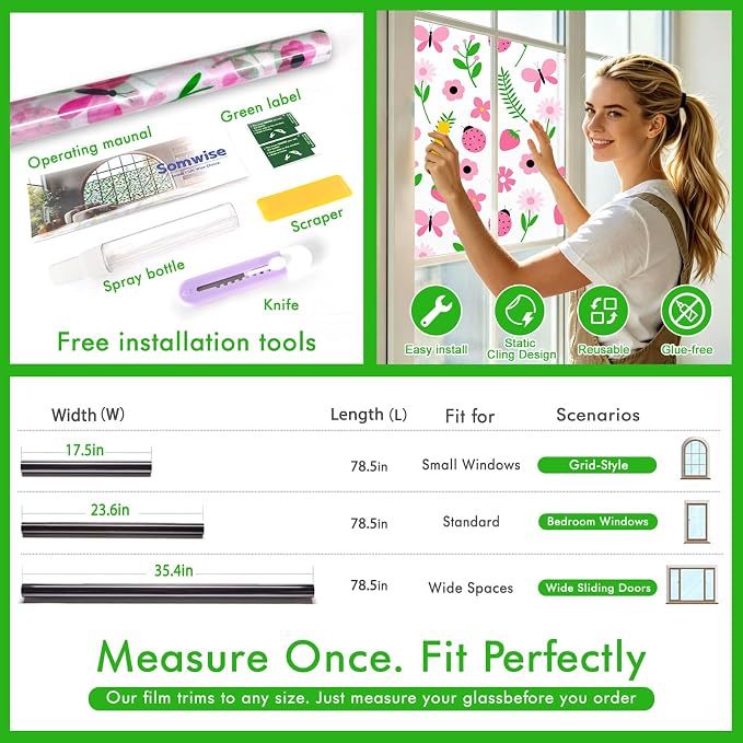 SOMWISE Frosted Glass Window Privacy Film with Tools, Heat Blocking, Anti-UV, Anti-Glare, Static Cling, Decor for Home Bathroom Door, Renter Friendly, Removable, Reusable, Pink 35Inchx78.5Inch