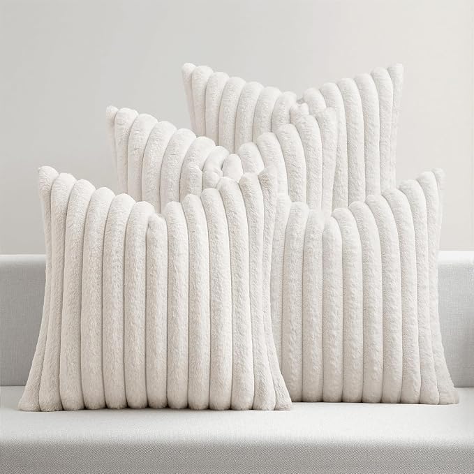 MIULEE Faux Fur Plush Decorative Throw Pillow Covers 18x18 Set of 4, Spring Modern Soft Fuzzy Striped Cushion Covers for Spring Sofa Couch Bed Living Room Cozy Home Decor,Pure White