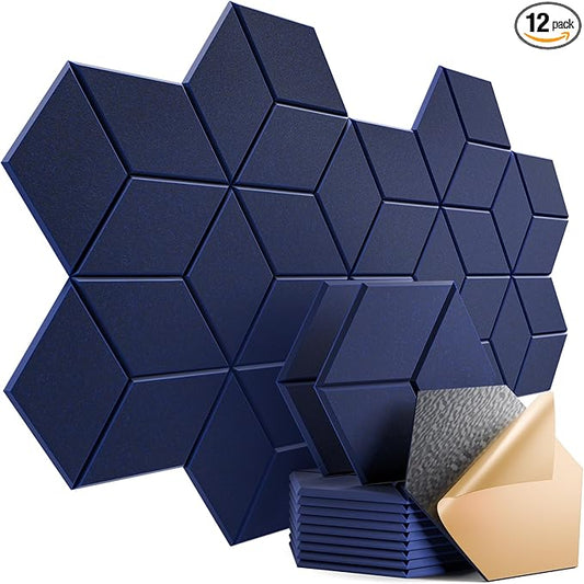 12 Pack Self-adhesive Acoustic Panels 12" X 10" X 0.4" -Sound Proof Foam Panels with High Density, Fashionable Y-Lined Design, Flame Resistant, Absorb Noise and Eliminate Echoes(Dark Blue)