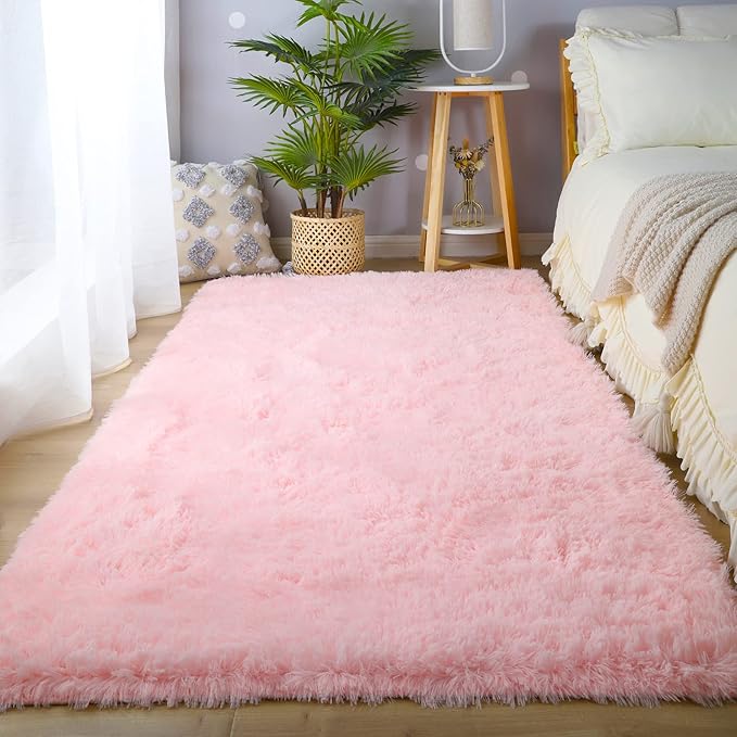 Pink Area Rug for Bedroom 6x9: Pink Rugs for Girls Room - Soft Fuzzy Plush Rugs for Living Room, Non-Slip Modern Nursery Faux Fur Carpet for Kids Room Dorm Decor