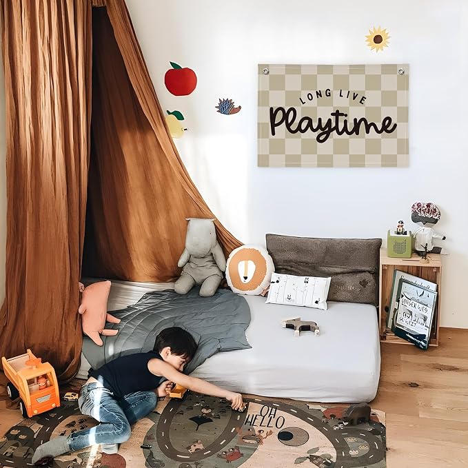 Playroom Wall Decor, Long Live Playtime Banner, Checkered Canvas Wall Banner for Playroom, Toddler Room, Boys/Girls Kids Room, Classroom, Playtime