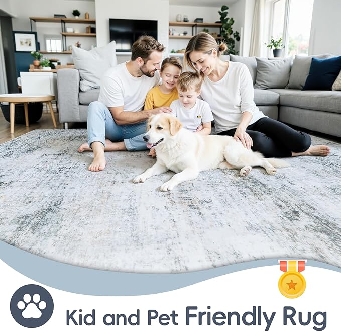 10x14 Area Rugs Washable Rug: Anti-Skid Abstract Modern Living Room Rug Soft Thin Carpets Indoor Floor Non-Shedding Carpet for Bedroom Dining Nursery Home Office (Blue/Grey/Gold/White,10'x14')