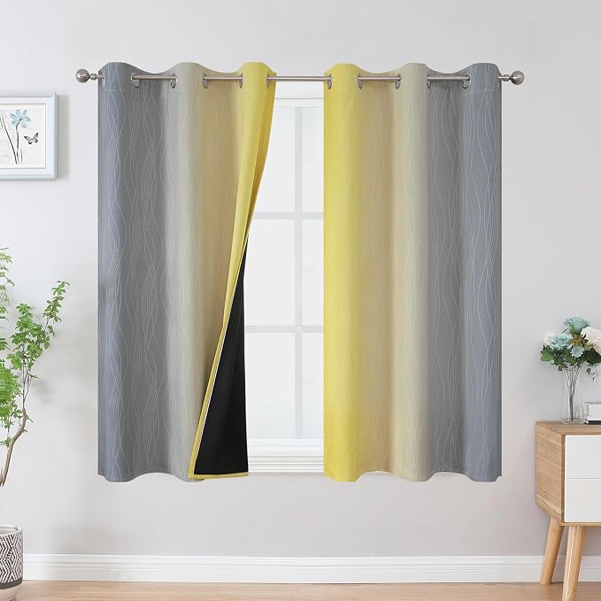 Estelar Textiler Yellow and Grey Blackout Curtains 54 Inch Length, Light Blocking Gradient Drapes for Bedroom, Room Darkening Thermal Insulated Grommet Ombre Curtains for Bathroom,42Wx54L,2 Panels