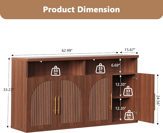Fluted Buffet Cabinet with Storage, 63" Wide Wood Sideboard Credenza with 4 Doors & Open Storage Shelf, Modern Kitchen Entryway Accent Table for Dining Room Living Room, Kitchen, Hallway, Walnut