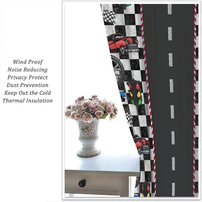 Race Car Curtain,Checkered Flag Black and White Race Cars Window Treatment Curtains Cloth Farbic for Kitchen Bedroom Cafe Dining Room Office Living Room Drapes, 84x84 in