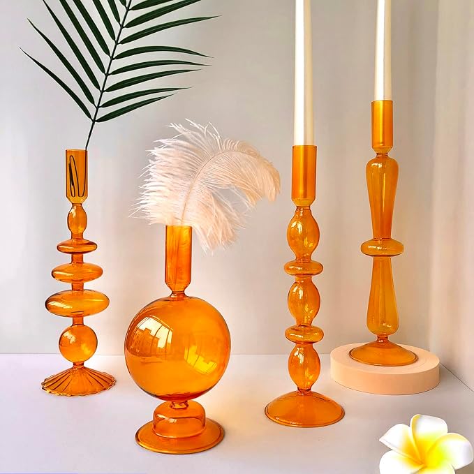 Candle Stick Candle Holder, Glass Candle Holders for Table Centerpiece, Modern Style Amber Candle Holder Mixed 4pcs