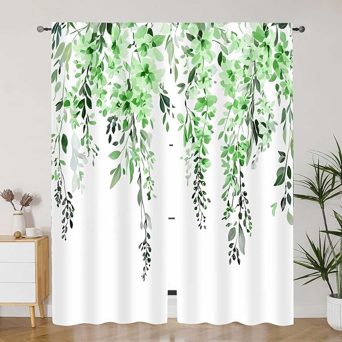 Green Watercolor Floral Curtains, Botanical Leaves Vine Flowers Curtain, Rustic Farmhouse Flower Leaf Blackout Window Treatment Drapes for Bedroom Living Room 52x72 inch, 2 Panels