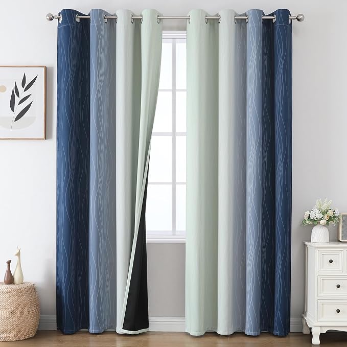 Estelar Textiler Navy Blue and Sage Green Ombre Blackout Curtains 90 Inches Long 2 Panels for Living Room, Thermal Insulated Drapes for Bedroom, Full Light Blocking Curtains for Sliding Door,52Wx90L