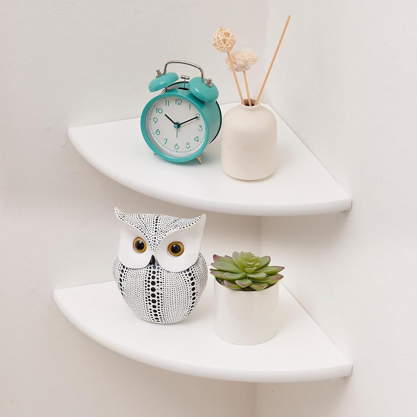 Corner Shelves, Floating Corner Shelf, Set of 2 White Solid Oak Wood Wall Shelves, Round End Wall Mount with Wire Hole Shelving for Small Plant for Bedroom Kitchen, Living Room 8.7"