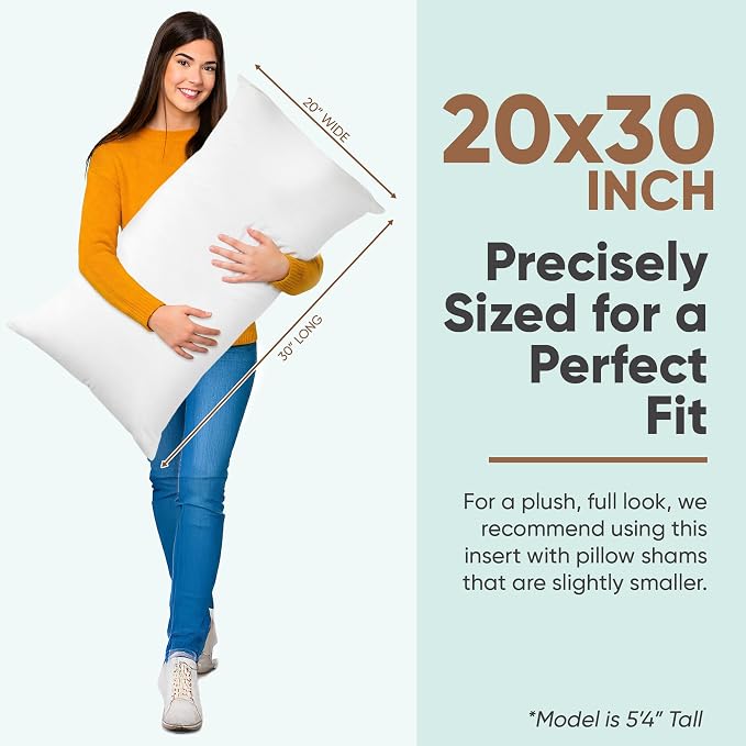 Pillowflex Synthetic Down Pillow Insert - 20x30 Down Alternative Pillow, Ultra Soft Queen Bed Sleeping Pillow, Large Rectangle Sham - 1 Decorative Pillow Form