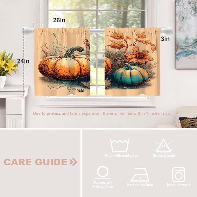 Shrahala Autumn Pumpkin Harvest Blackout Curtain Tiers, Abstract Art Hand Painting Flowers Grass Kitchen Valance Light Blocking Tier Drapes with Rod Pocket, 2 Pack 26 X 24 in