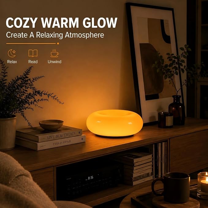 Bofea-Modern Orange Donut Lamp,Plug-in Bedside Lamp Or Plug-in Wall Sconces,Mid Century Modern Decor Wall Mount Lamps,Creative Orange Light for Living Room,Reading Room,Hallway Ambient Lighting | Orange Glass Donut Lamp,Stepless Dimming,Warm Ambient Li...