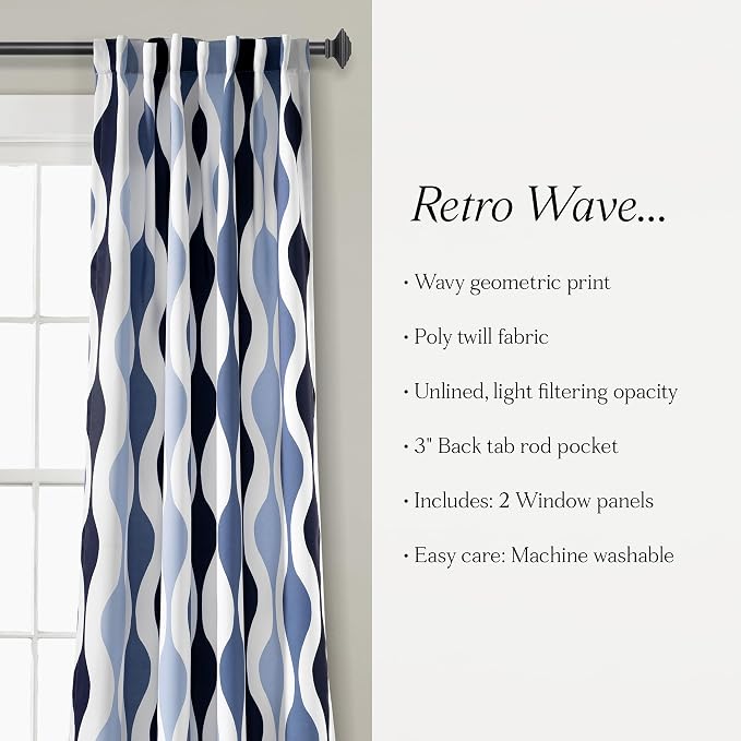 Lush Decor Mid Century Geo Room Darkening Window Curtain Panels Pair 52" W x 84" L Blue & Navy - Retro Curtains for Living Room - Vintage Drapes