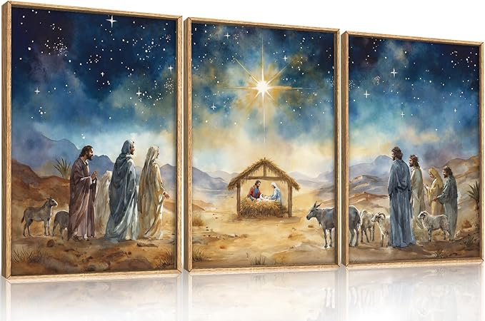 LHIUEM Large Bible Christian Religious Framed Canvas Wall Art Set,Birth of Jesus Nativity Wall Decor,Christmas Mary and Joseph Artwork for Living Room,Bedroom,Dining Room,Office -24"x36"x3