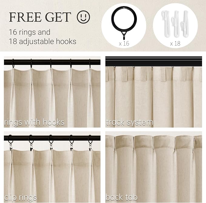 63 Inches Long Pinch Pleated Semi Sheer Curtains,Beige Linen Blended Light Filtering Window Curtains 63 Length 2 Panels for Living Room Bedroom Pinch Pleat Drapes with Hooks 2 Panels 40" Wx63 L