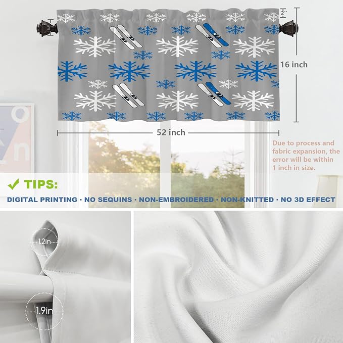 Shrahala Snowflakes Skis Blackout Short Curtains for Windows, Winter Sports Themed Pattern Kitchen Valance Thermal Insulated Rod Pocket Window Treatment for Bathroom 2 Pack 52 X 16 in