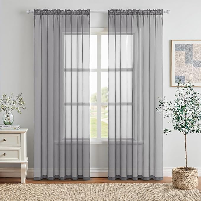 MIULEE 2 Panels Solid Color Sheer Window Curtains Elegant Window Voile Panels/Drapes/Treatment for Bedroom Living Room (54X108 Inches Charcoal Grey)