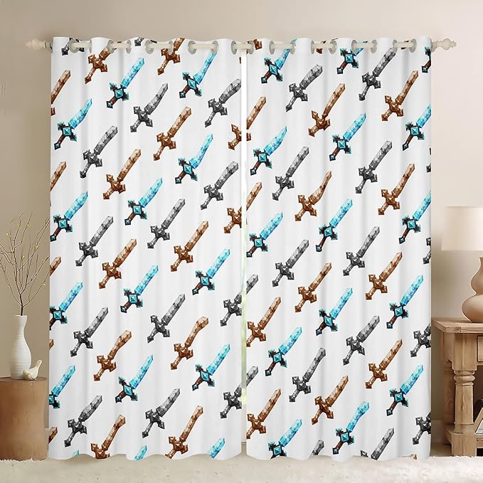 Castle Fairy Cartoon Sword Window Curtain,Pixelated Themed Swords Bedroom Decor Curtains,Kids Teens Miner Video Games Window Treatment Black White Checkered Blackout Drapes 2 Panels,52Wx90L