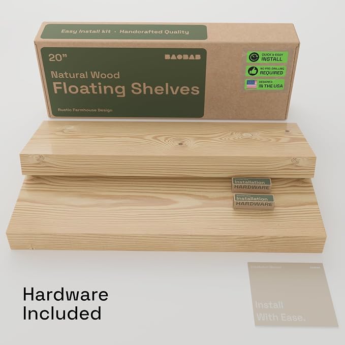 Solid Wood Floating Shelves for Wall 20 Inch Natural Wood, Wooden Shelf | Real Wood, 20 Inches Wide, Wall Mount, Light Oak, Kitchen Bathroom Bedroom, Rustic , Natural Oak Finish, 20W × 6.7D, Set of 2