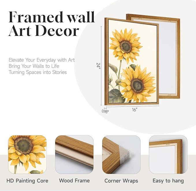 3 Piece Large Framed Floral Sunflower Wall Art for Bedroom, Farmhouse Rustic Botanical Canvas Paintings Prints, Yellow Flower Picture Artwork Wall Decor for Living Room kitchen Hallway 16x24 Inch