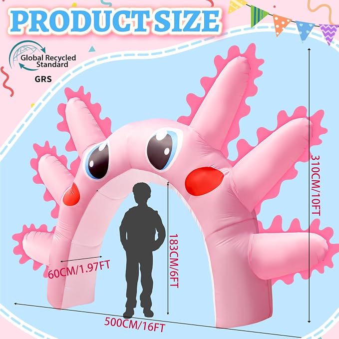10x16FT Axolotl Inflatable Arch, Giant Pink Axolotl Birthday Party Backdrop Outdoor Yard Cartoon Archway Blow-Up Axolotl Decoration with 1Blower 3Banners for Summer Beach Pool Party Supplies