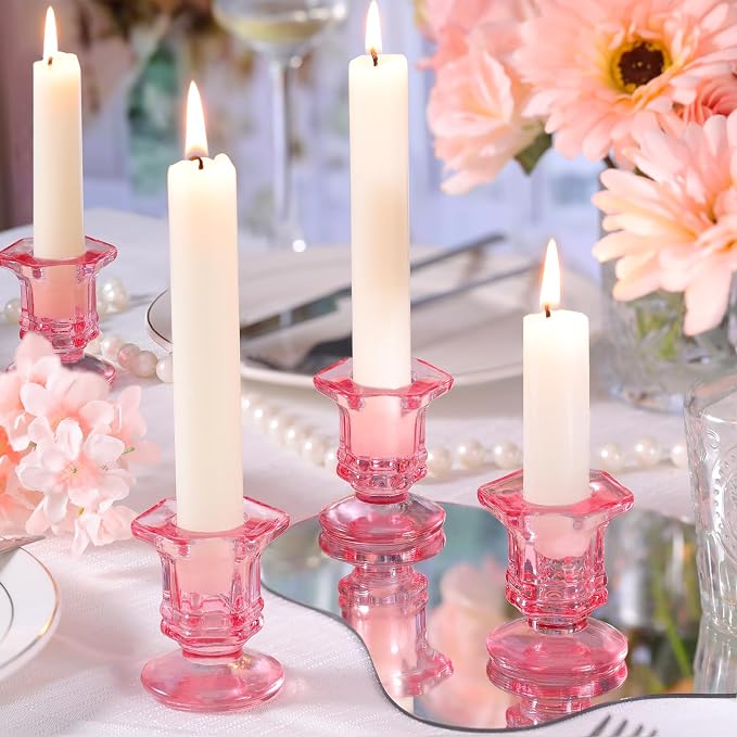 Lanttu 12 Pcs Pink Candlestick Holders Bulk Glass Candle Holders 2.9"x3.08" | Crystal Taper Candle Holder for Wedding, Table Centerpiece, Home Decoration
