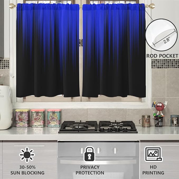 AAtter Royal Blue Black Kitchen Curtains, Ombre 27.5" W x 39" L, 2 Panels | Modern Striped Rod Pocket Drapes, Dark Abstract Style, Cool Anime Masculine Design, Small Short Bathroom Window Tiers