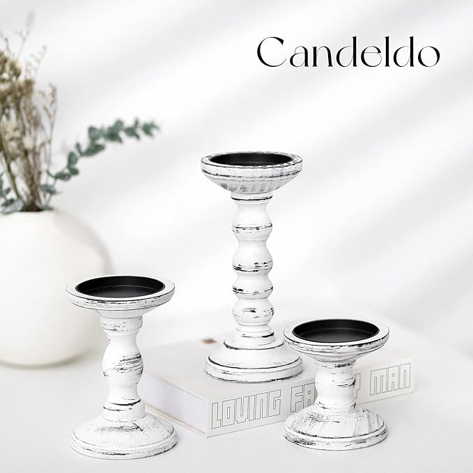 Candeldo Wood Candle Holders for Pillar, White Farmhouse Fireplace Decor | Set of 3, Table Centerpiece, Tall Shabby Chic Decor, Wooden Rustic Decorations for Mantle