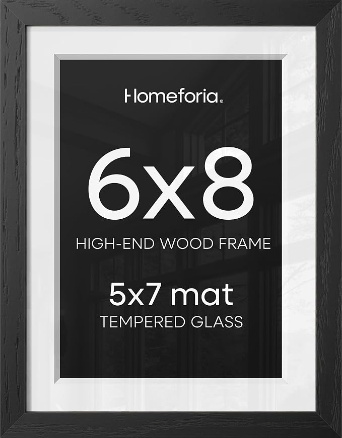 Homeforia 8x6 Black Wood Frame, High End Oak 6x8 Black Wooden Picture Frames with Mat 5x7 Art, 6 x 8 Frame Matted to 5 by 7 inch Photo, 6x8 Wall or Tabletop Frames, Tempered Glass, Wall Kit, Set of 1