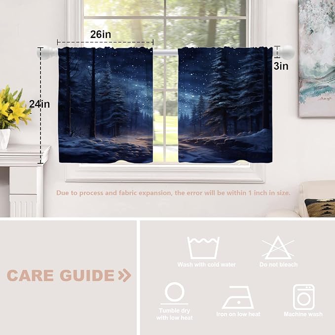Shrahala Winter New Year Blackout Curtain Tiers, Stars Forests Snow Night Kitchen Valance Light Blocking Tier Drapes with Rod Pocket, 2 Pack 26 X 24 in