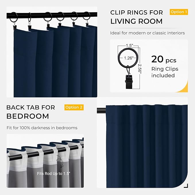 INOVADAY 100% Blackout Curtains for Bedroom, Black Out Curtains 96 Inch Long, Clip Rings Linen Blackout Drapes, Thermal Insulated Room Darkening for Living Room, 2 Panels - Midnight Blue,W50xL96