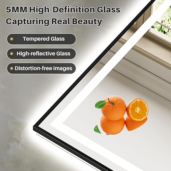 48x36 Inch LED Bathroom Mirror with Black Frame, Backlit & Front Lit, Anti-Fog Lighted Bathroom Vanity Mirror for Wall, Memory Function, Dimmable, HD Tempered Glass, Shatter-Proof