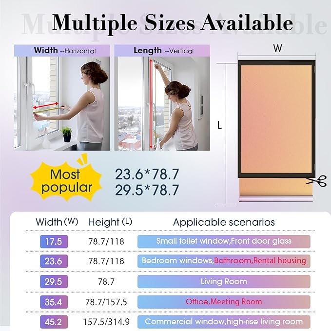 Coavas Stained Glass Window Privacy Film Rainbow Frosted Decorative Static Clings, Opaque Iridescent Prism Window Decals, Sun Blocking Anti-Glare Door Coverings(23.6 x 157.5 Inch, Colorful)