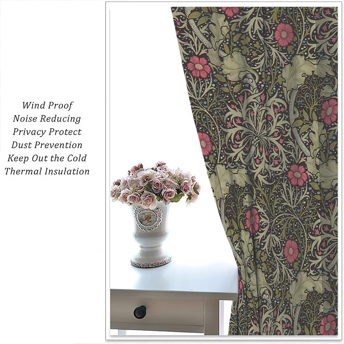 Vintage Flower Blackout Curtains, William Morris Style Art Floral Rustic Plant Wildflower Window Drapes, for Living Room Bedroom 27.5(W)*63(L) 2 Panels