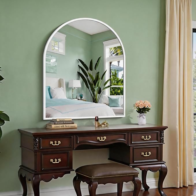 CIRCUMI Arched Wall Mirror, 30"x36" White Arched Mirror with Tempered Glass, Metal Frame, Large Size for Bathroom, Living Room,Entryway,Over Sink, Arch Mirror for Decor,Shatterproof&Crystal-Clear