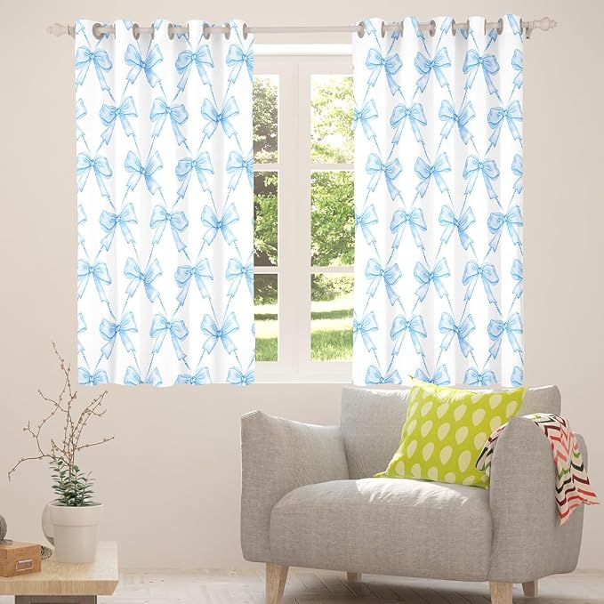 Feelyou Blue Bow Curtains for Bedroom Living Room (2 Panels, 52 x 84 Inch) Cute Bowknot Room Darkening Blackout Curtain Boys Girls Kawaii Blackout Curtains Bow and Stripes Window Treatments