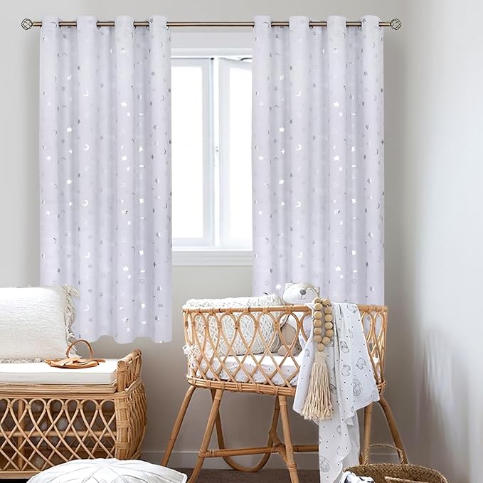 BGment Kids Blackout Curtains for Bedroom 63 Inch Long 2 Panels, Star and Moon Girls Decor Room Darkening Drapes for Nursery Baby Room, Greyish White, 52X63