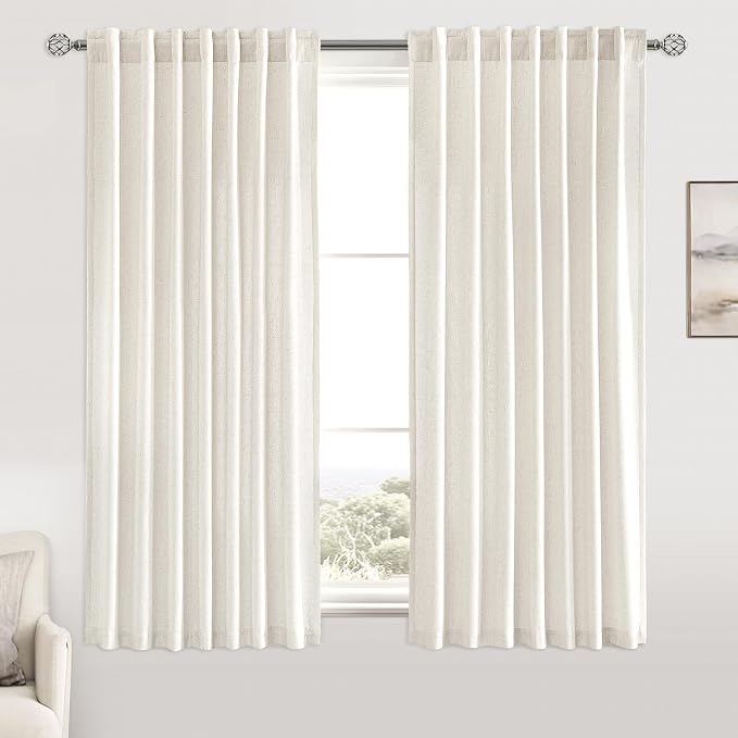 MIULEE Non-See-Through Privacy Linen Curtains 2 Panels, Light Filtering Window Curtains Farnhouse Textured Back Tab Semi Sheer Drapes for Bedroom Living Room, 52 x 54 Inches Long, Natural White