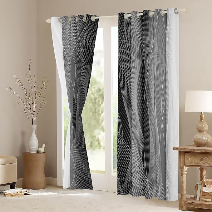 jejeloiu (2 Panels, 52 x 63 Inch Grey and Black Darkening Drapes Strip Lines Curtains for Bedroom Living Room for Kids Women Men Ombre Printed Blackout Curtains Geometric Window Treatments