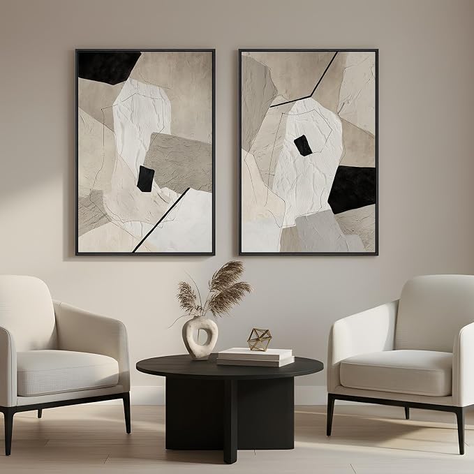 Framed Neutral Beige and Black Abstract Wall Art for Living Room, Set of 2 Modern Minimalist Canvas Artwork for Walls, Large Geometric Pictures Prints for Bedroom Office Hallway Wall Decor, 24x36 Inch