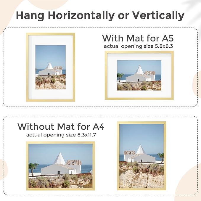 FLYJOE A4 Picture Frame Gold - High-End Metal 8.3 x 11.7 Aluminum Frame For Wall, Photo Frame With Mat For A5, 8.25 x 11.75 Poster Frame, Certificate Frame With Glass, Wall Kit