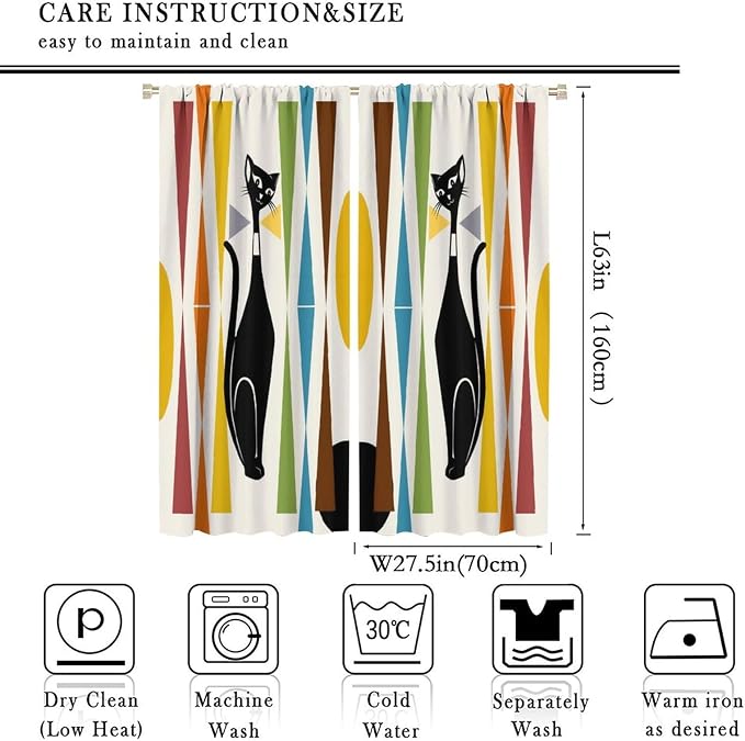 JESTRONRY Mid Century Style Curtains,Black Cat Modern Abstract Geometric Vintage Colorful Shape Pattern Theme Home Fabric Living Room Bedroom Kitchen Bathroom Decor 55x63in