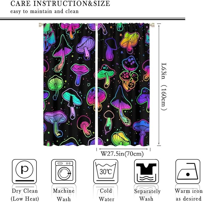 Mushroom Curtains Colorful Cartoon Plant Print Window Treatments for Bedroom Living Room Kitchen Fantasy Psychedelic Mushroom Window Drapes 2 Panels Set,Total Size 55 x 63 Inch