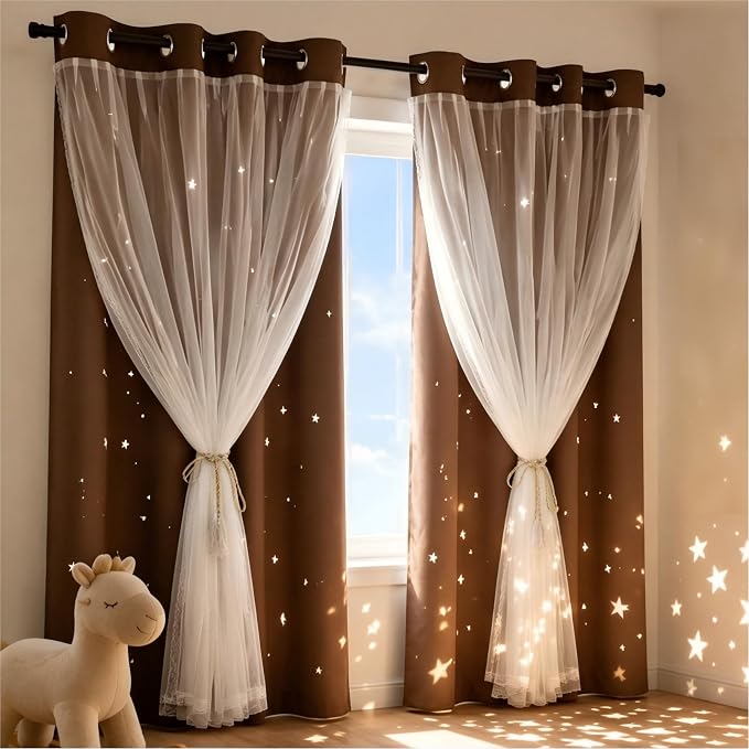 Kids Blackout Curtains for Bedroom/Living Room/Classroom, Sheer Overlay 2 Free Tiebacks, Double Layer Curtains with Star Cutout for Kids Room(Each Piece W 70 x L 84 Inches 2 Pcs Coffe)