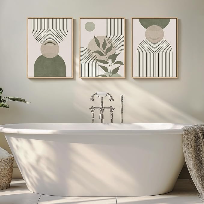Framed Sage Green Boho Wall Art Bedroom, 3 Piece Beige Bohemian Canvas Paintings Prints Artwork for Walls, Minimalist Geometric Leaf Line Pictures for Living Room Hallway Kitchen Wall Decor, 12x16 In