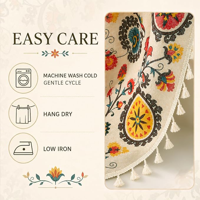 VOGOL Boho Mandala Curtains for Living Room, Exotic Boho Red Sun Disc Print for High Windows, Tribal Floral Ethnic Style Textured Fabric with Handmade Tassels, 59"x94", 1 Panel