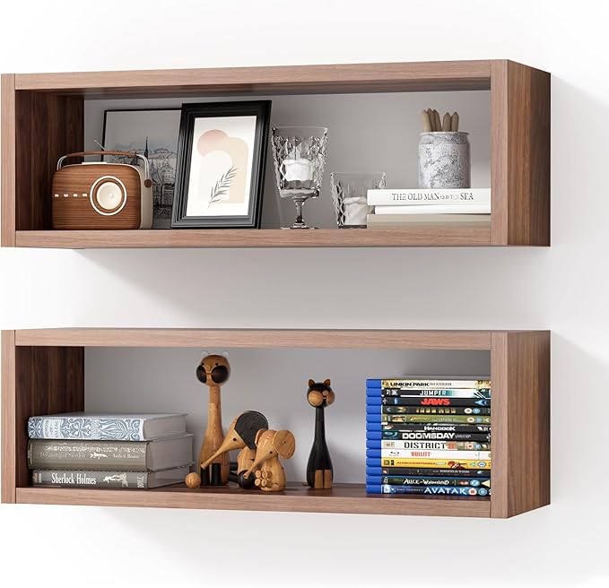 Kaboon 24in Floating Cube Shelves Set of 2, Display Shelves Wall Mount, Decorative Hanging Shelves for Kitchen Living Room Office,(Dark Walnut, Rectangle 2 Cubes)