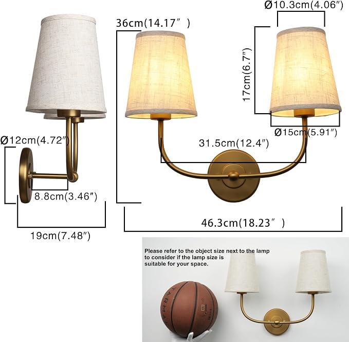PERMO Vintage Double Sconce Large Antique 2-Lights Sconces with Flared Funnel Linen Beige Fabric Shade Hardwired Double Wall Sconce E26 Base