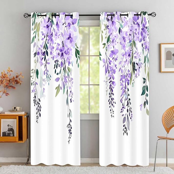 Purple Watercolor Floral Curtains, Botanical Leaves Vine Flowers Curtain, Rustic Farmhouse Flower Leaf Blackout Window Treatment Drapes for Bedroom Living Room 52x72 inch, 2 Panels